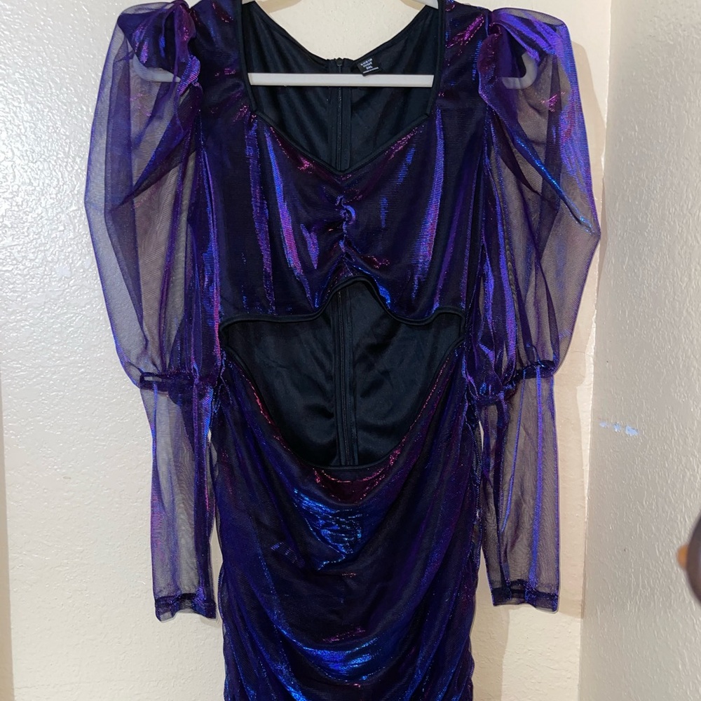 SHEIN Plus Ruched Cut Out Gigot Sleeve Mesh Bodycon Dress